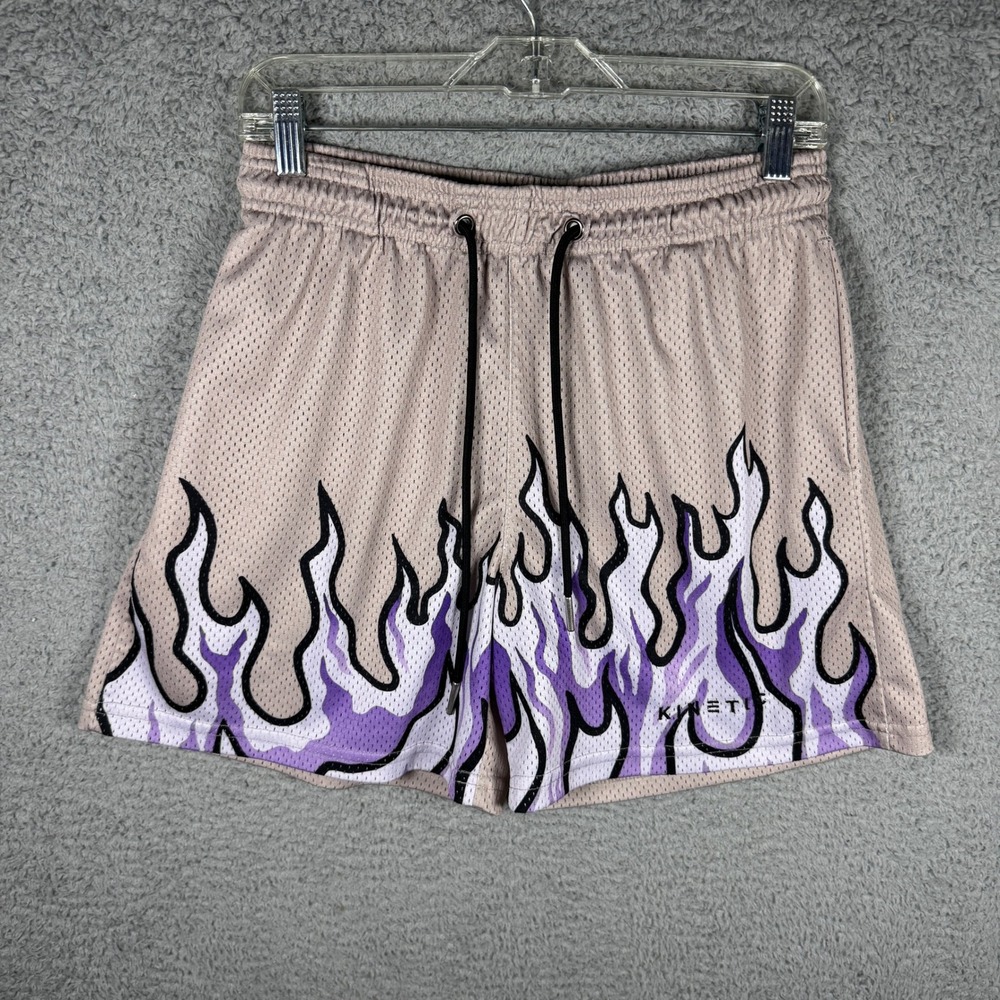 Kinetic Kings Mens Mesh Flame Graphic Basketball Shorts Tan Purple Medium USA